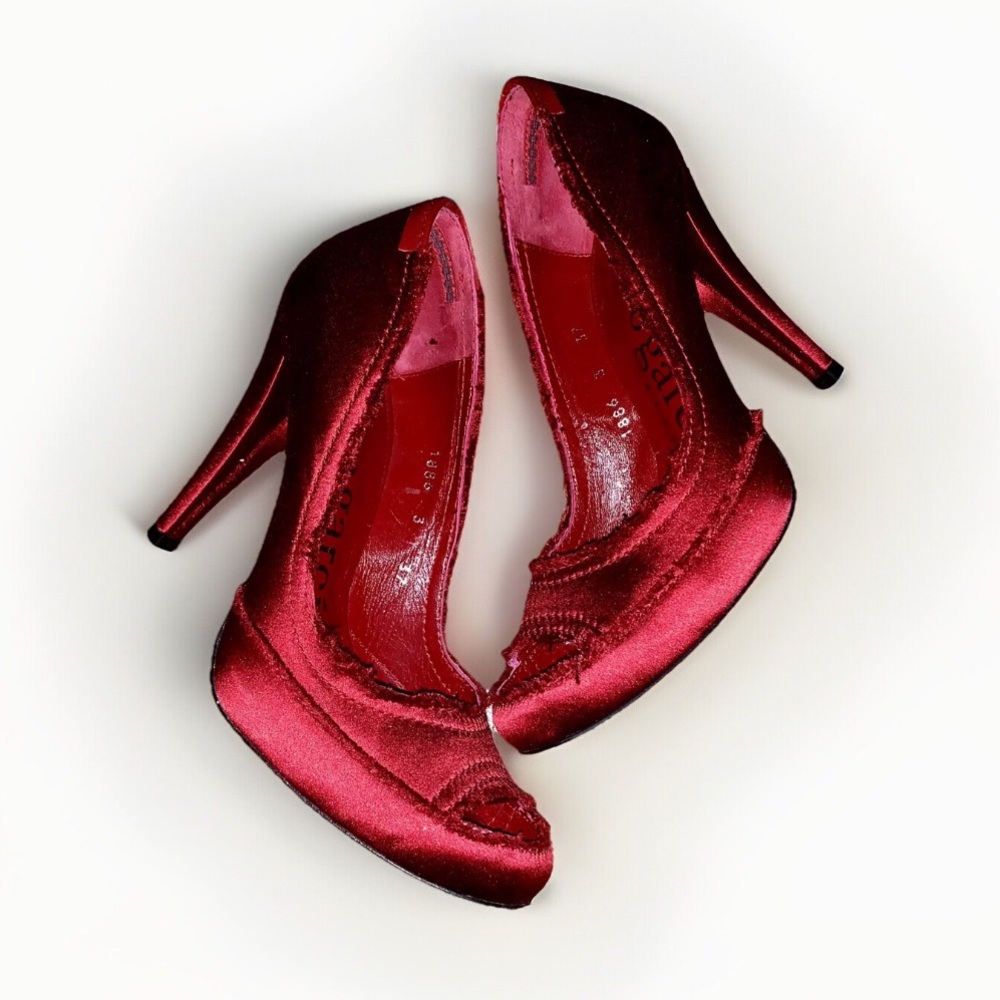 Pedro Garcia Women’s 37 US 7 Red Satin Peep Toe Pumps Heels Anthropologie
